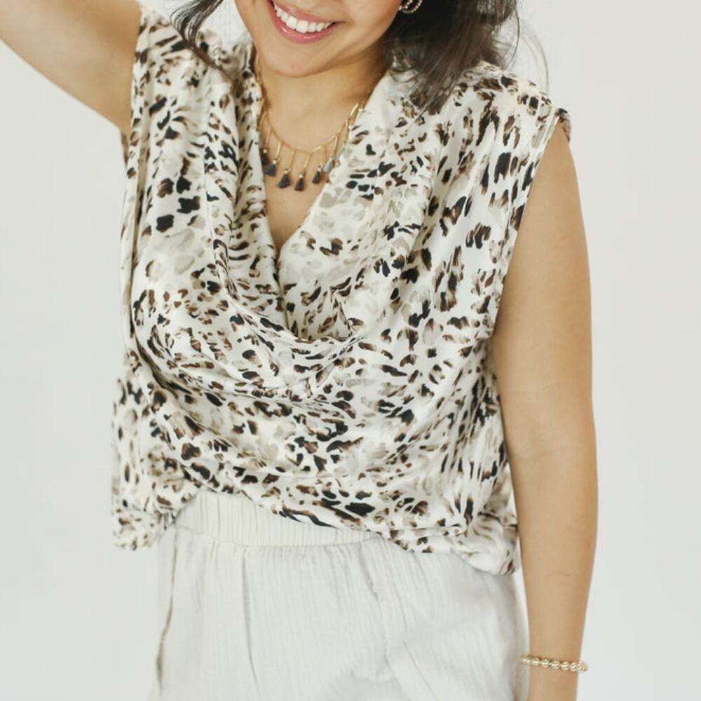 NWOT Entro Animal Print Cowl Neck Sleeveless Top, Cream, Medium